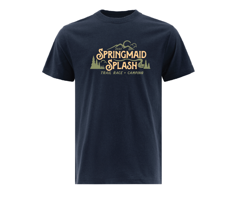 2023 Springmaid Splash Navy T-Shirt for Trail Race Event with Yellow Font and Green Accents